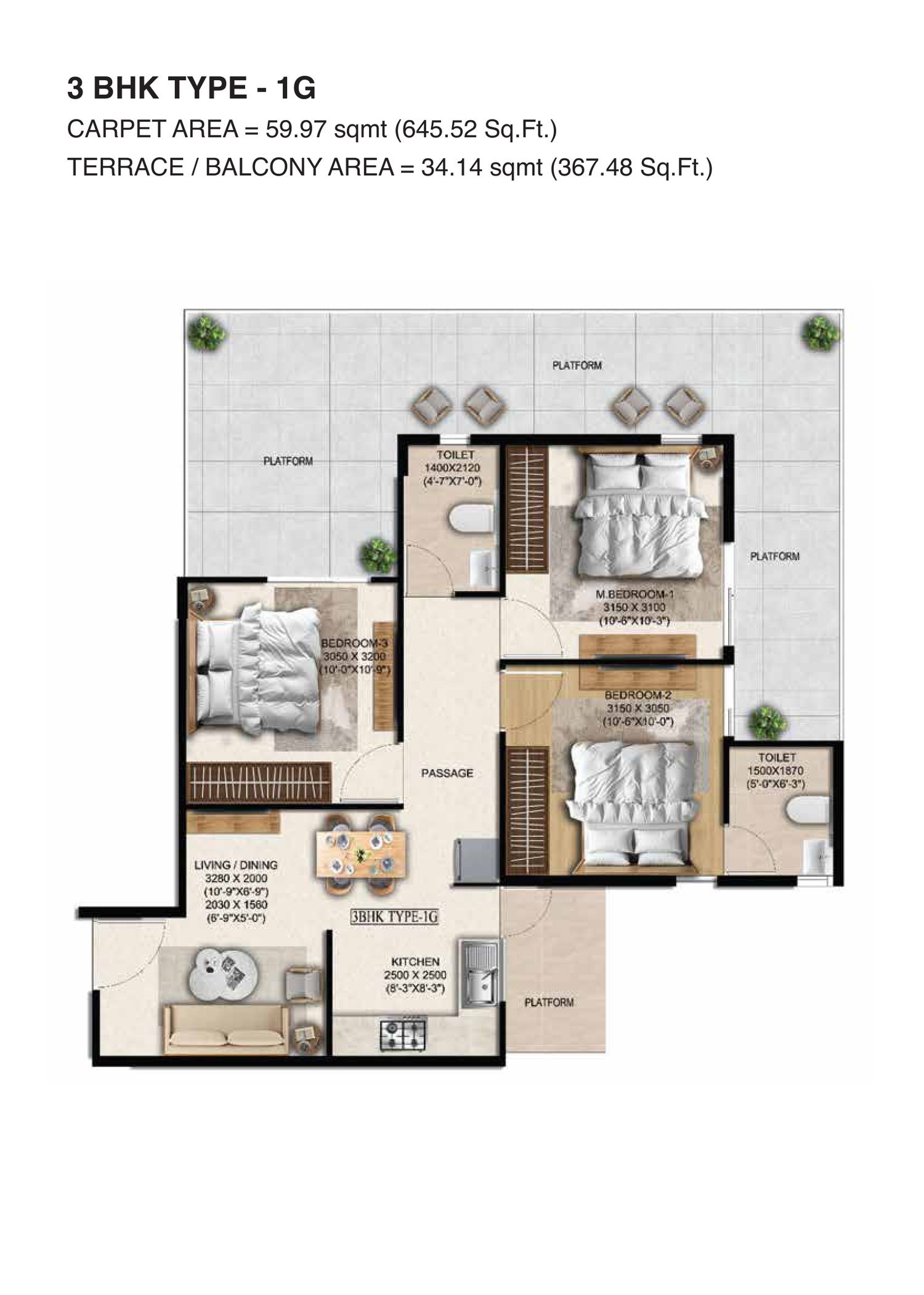 Anantya Sector 110A Faridabad floor plan — 3 BHK Type 1G (management quota) — 645.52 sq ft carpet, 367.48 sq ft terrace