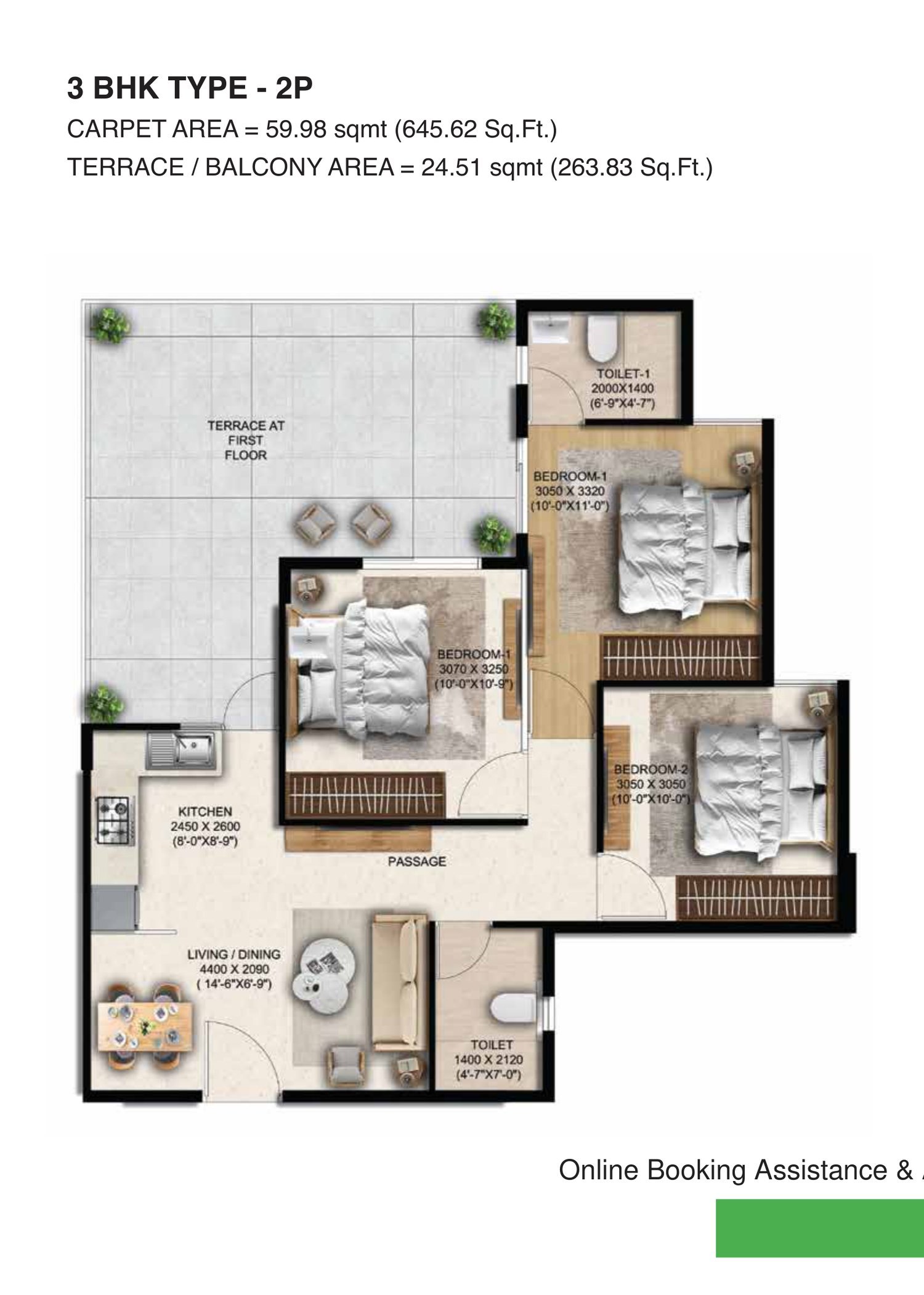 Anantya Sector 110A Faridabad floor plan — 3 BHK Type 2P (management quota) — 645.62 sq ft carpet, 263.83 sq ft terrace