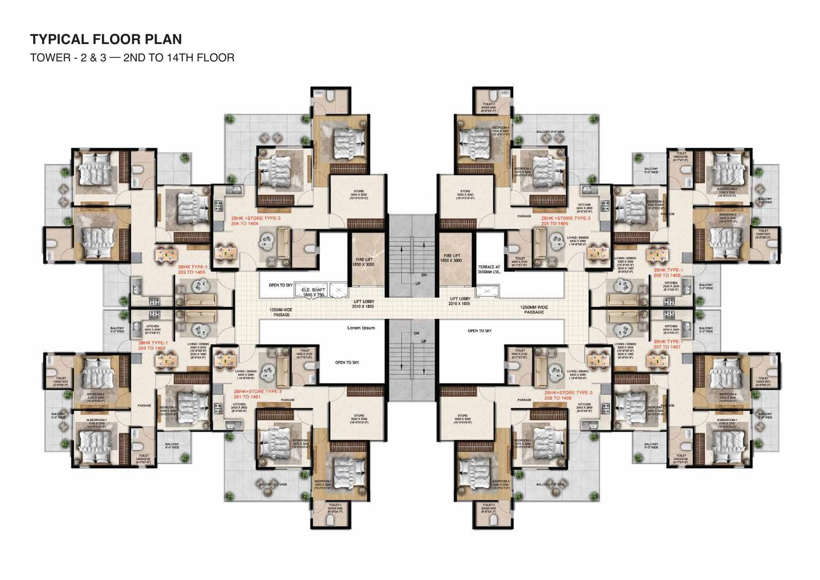 Anantya Sector 110A Faridabad floor plan — Typical floor plan — Towers 2 & 3, 2nd to 14th floor