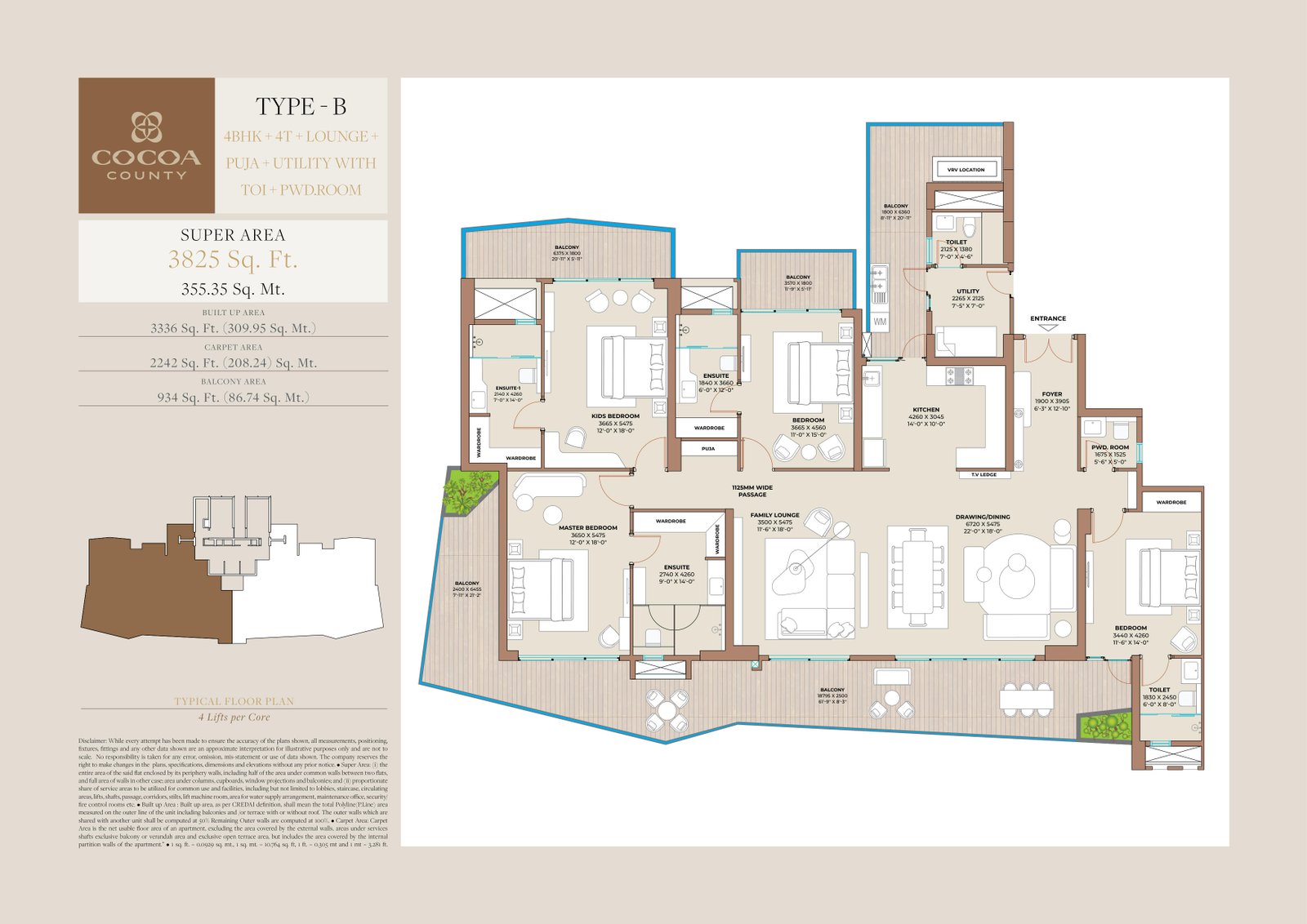 Cocoa County Sector 88A Gurgaon floor plan — Type B - 4 BHK + 4T + lounge + puja + utility, 3,825 sq ft super / 2,242 sq ft carpet
