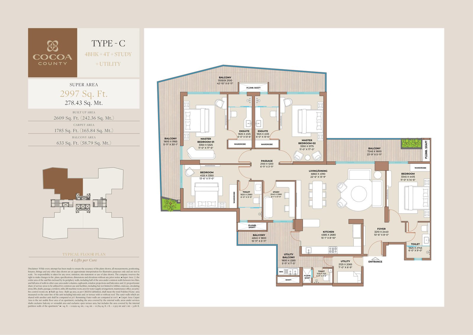 Cocoa County Sector 88A Gurgaon floor plan — Type C - 4 BHK + 4T + study + utility, 2,997 sq ft super / 1,785 sq ft carpet