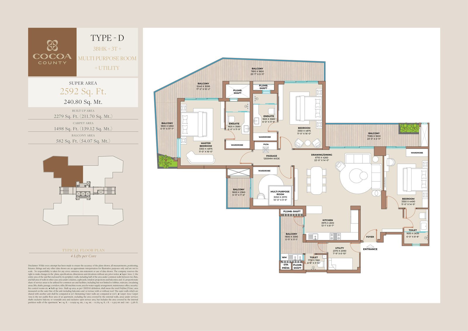Cocoa County Sector 88A Gurgaon floor plan — Type D - 3 BHK + 3T + multi-purpose room + utility, 2,592 sq ft super / 1,498 sq ft carpet