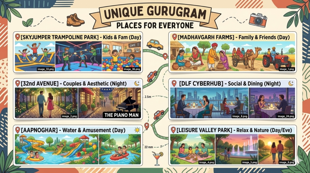 Unique places to visit in Gurgaon with family, friends, Kids, couples, day, night - Realty Hunting Gemini Generated Image gu61gxgu61gxgu61
