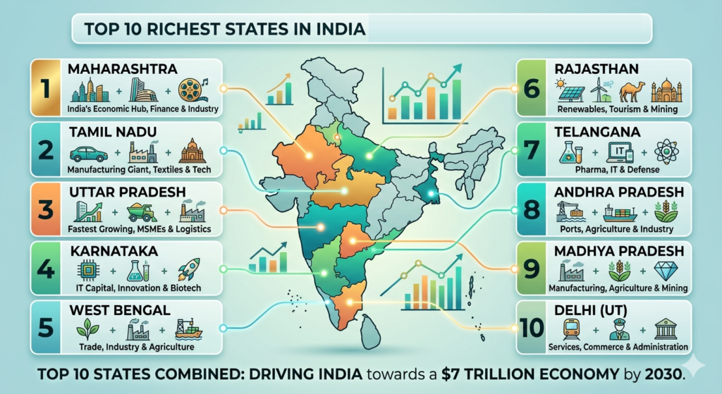 Top 10 richest state in India And powerful Top 10 fastest growing state in India