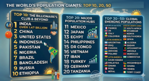 Which is the Most populated country in the World Top 10 , 20, 50 populated country in the World