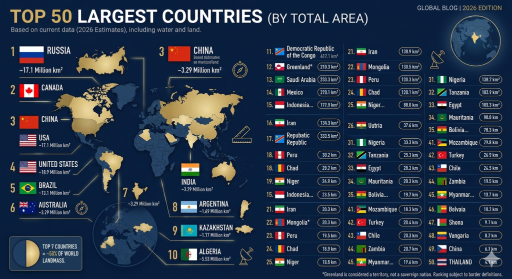 Top 10, 20, 50, 100 largest country in the world by area
