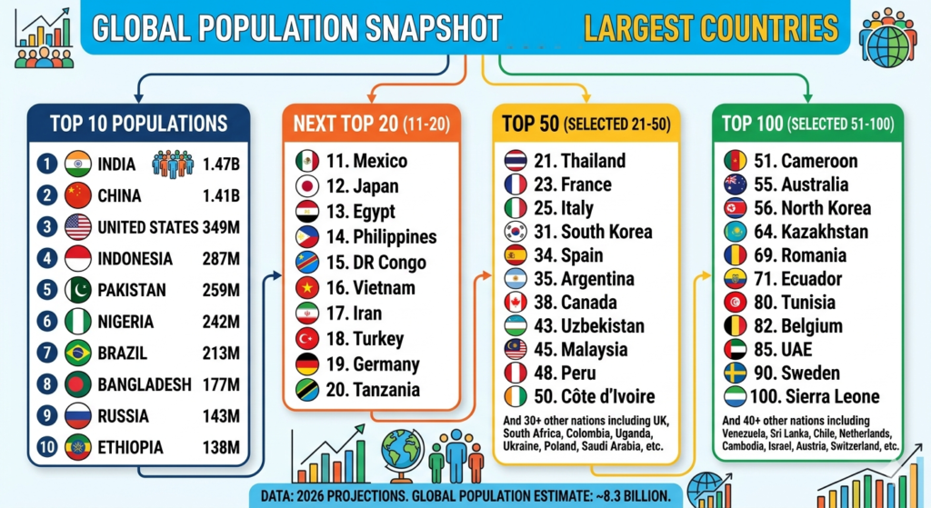 Top 10, 20, 50, 100 countries with largest population in world - Realty Hunting Top 10, 20, 50, 100 countries with largest population in world