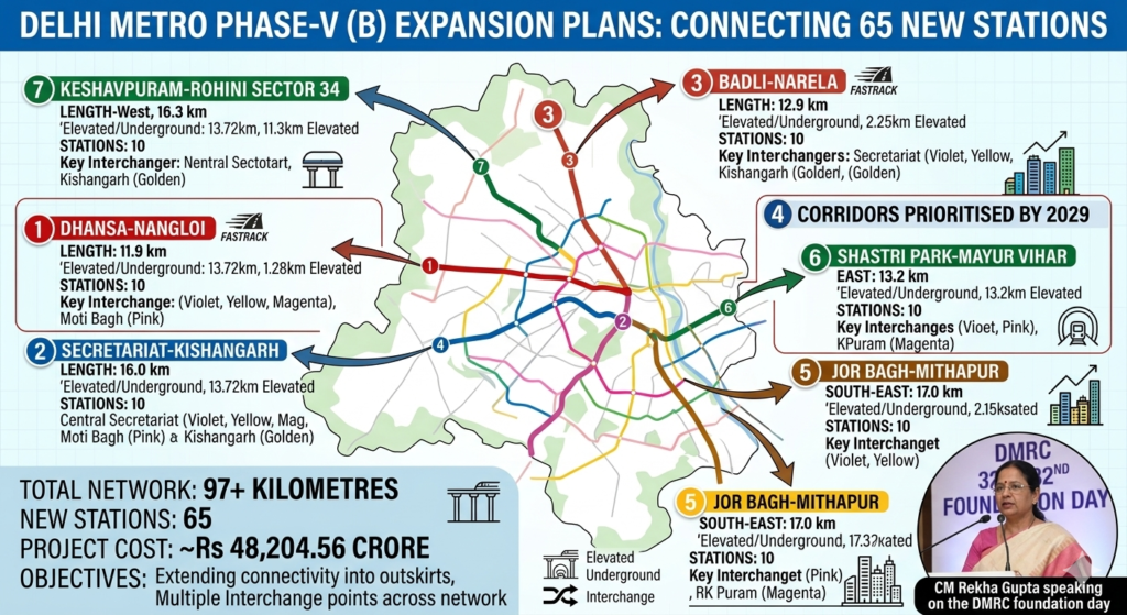 Delhi Metro expansion Plans 7 New Corridors, 65 Stations