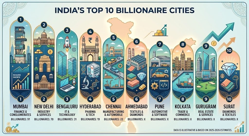 Top 10 cities with most Billionaires in india
