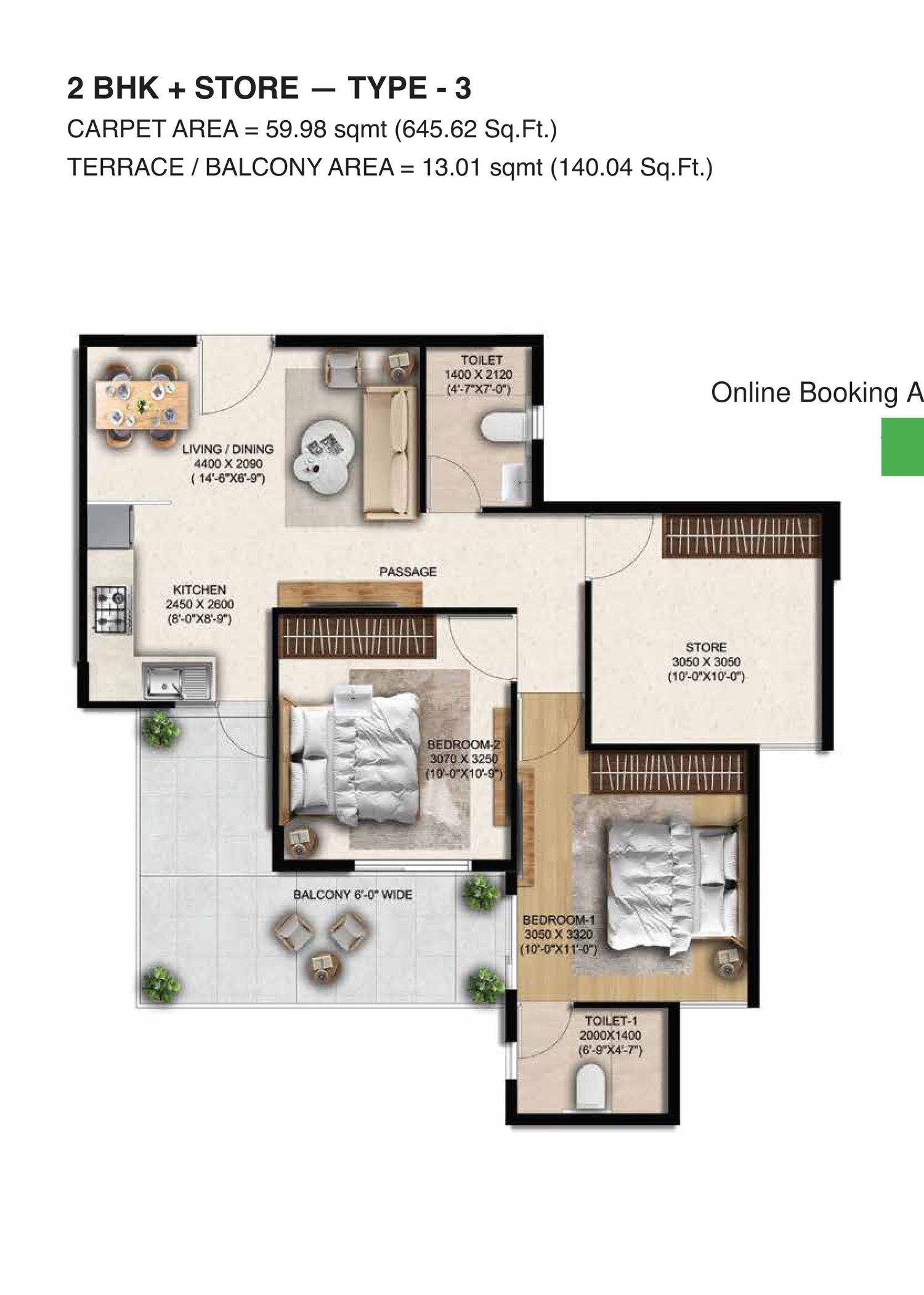 Anantya Sector 110A Faridabad floor plan — 2 BHK + Store Type 3 — 645.62 sq ft carpet