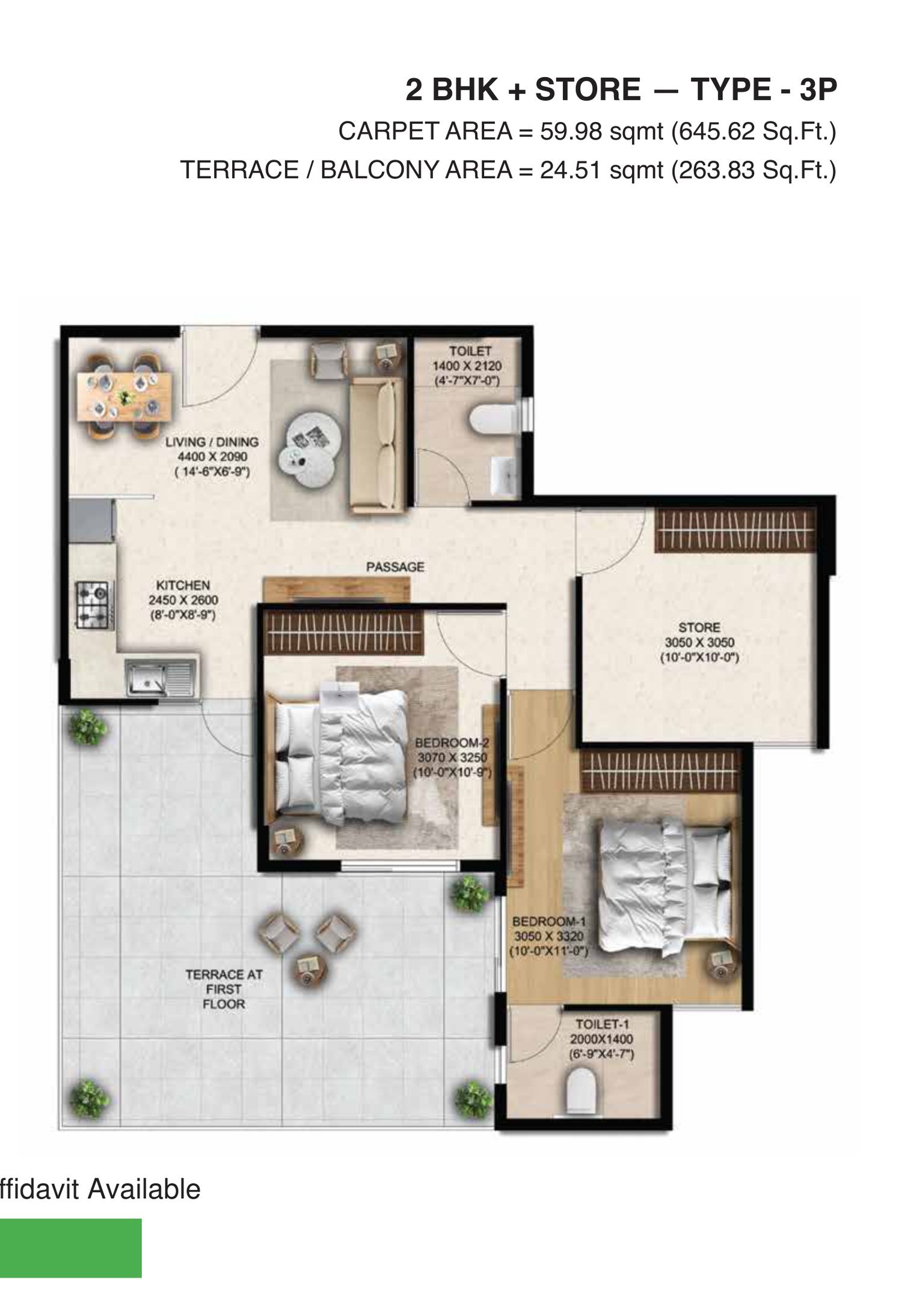 Anantya Sector 110A Faridabad floor plan — 2 BHK + Store Type 3P — 645.62 sq ft carpet, 263.83 sq ft terrace