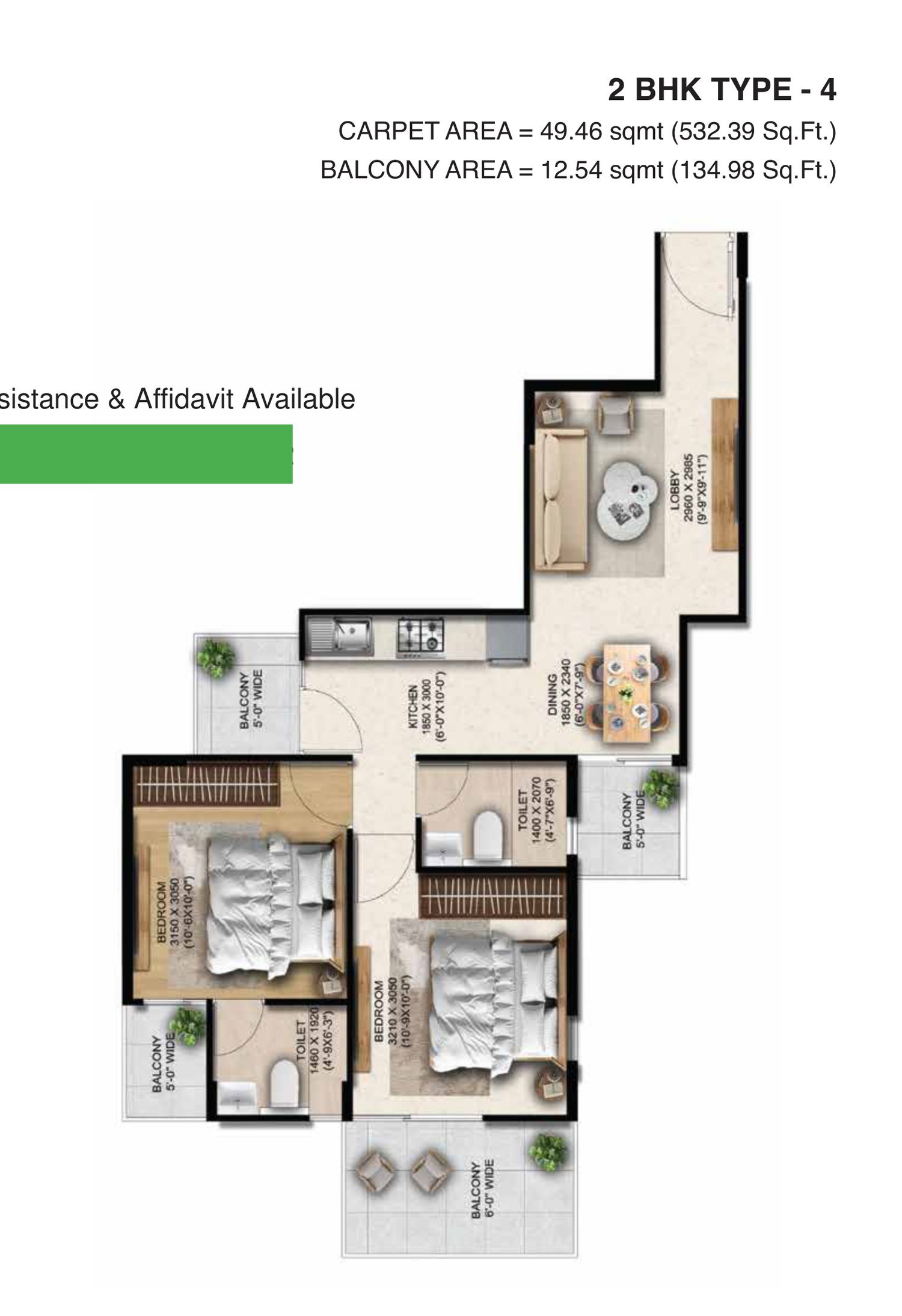 Anantya Sector 110A Faridabad floor plan — 2 BHK Type 4 — 532.39 sq ft carpet