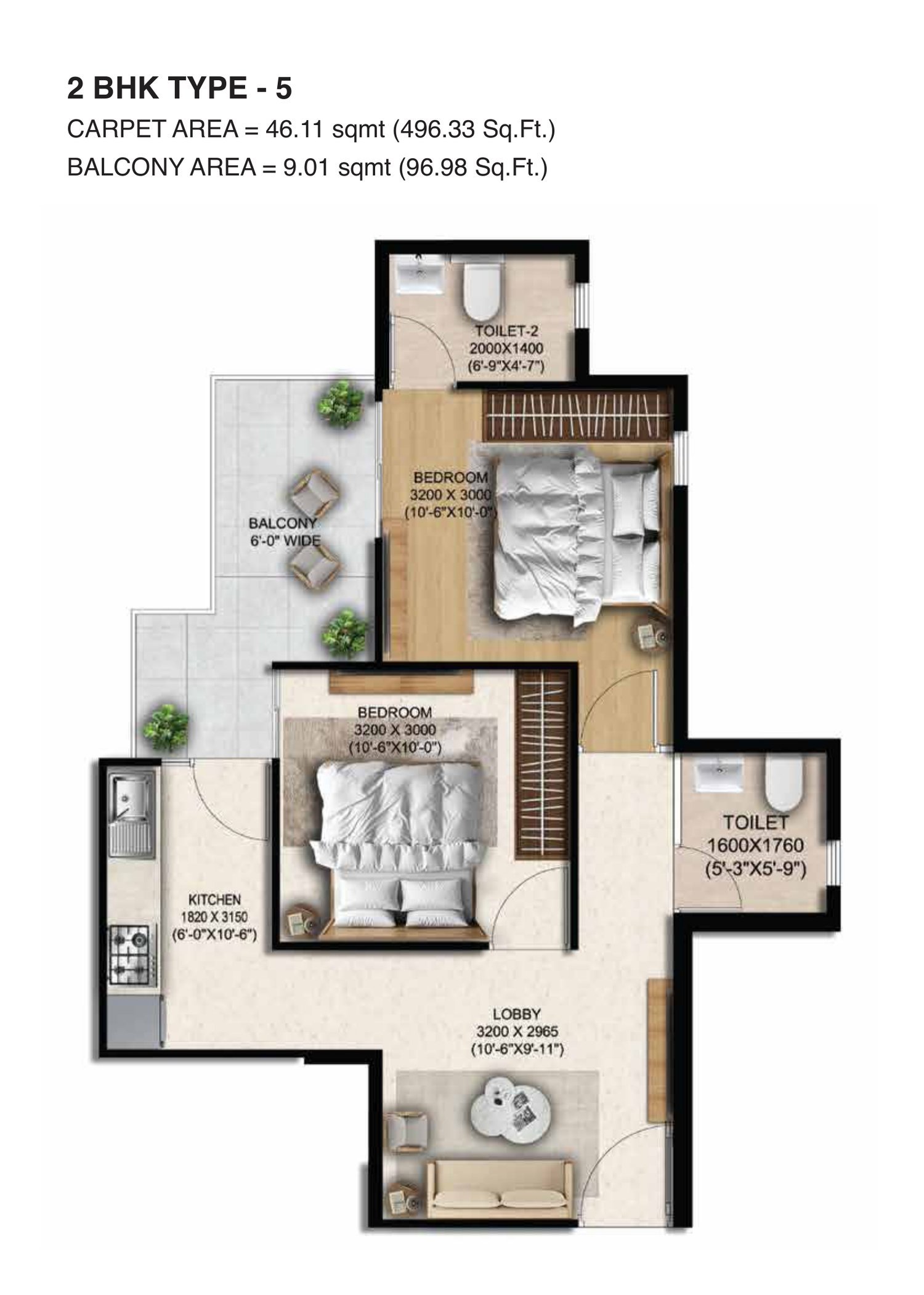 Anantya Sector 110A Faridabad floor plan — 2 BHK Type 5 — 496.33 sq ft carpet