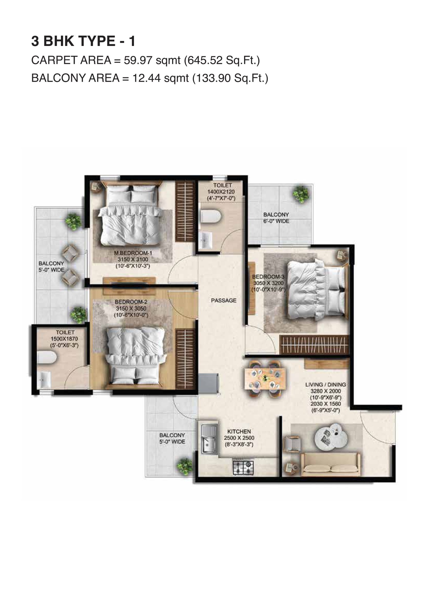 Anantya Sector 110A Faridabad floor plan — 3 BHK Type 1 — 645.52 sq ft carpet