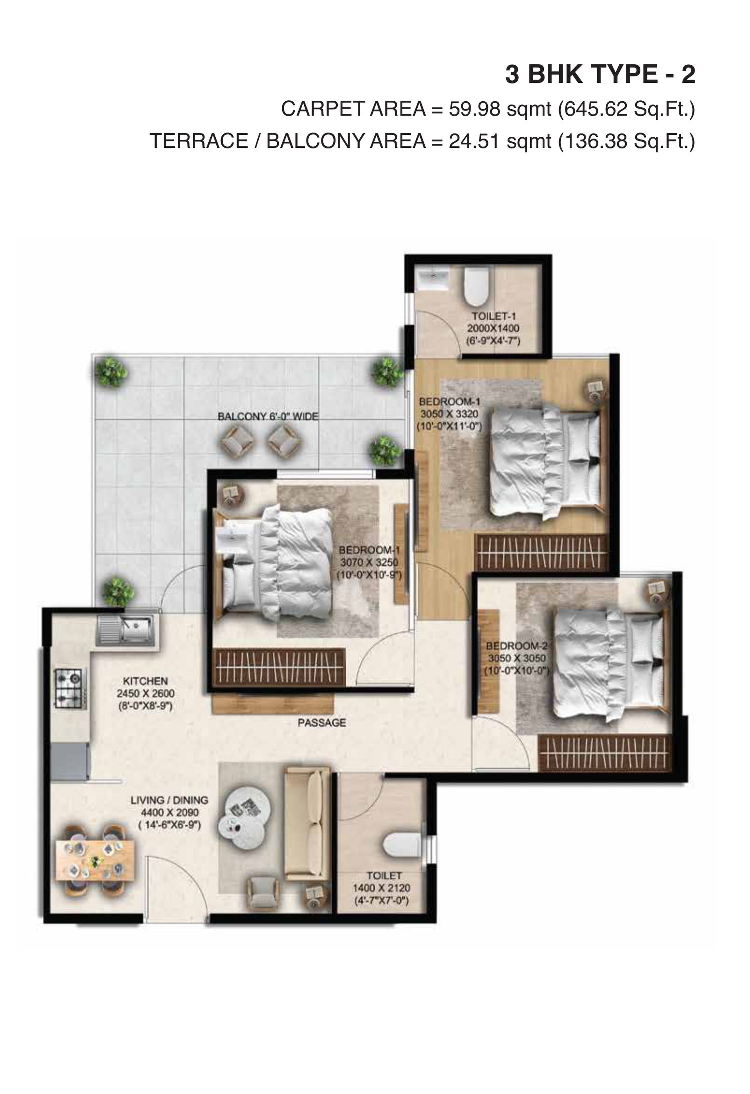 Anantya Sector 110A Faridabad floor plan — 3 BHK Type 2 — 645.62 sq ft carpet