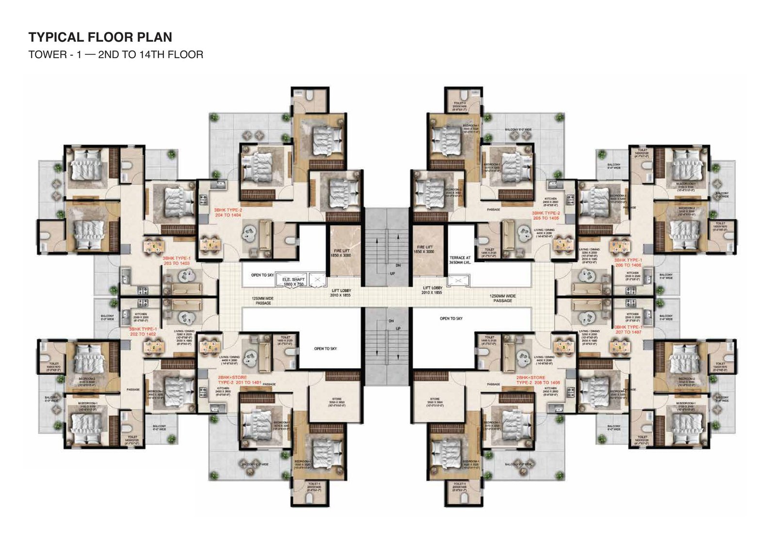 Anantya Sector 110A Faridabad floor plan — Typical floor plan — Tower 1, 2nd to 14th floor