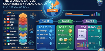 Top 10, 20, 50, 100 largest country in the world by area
