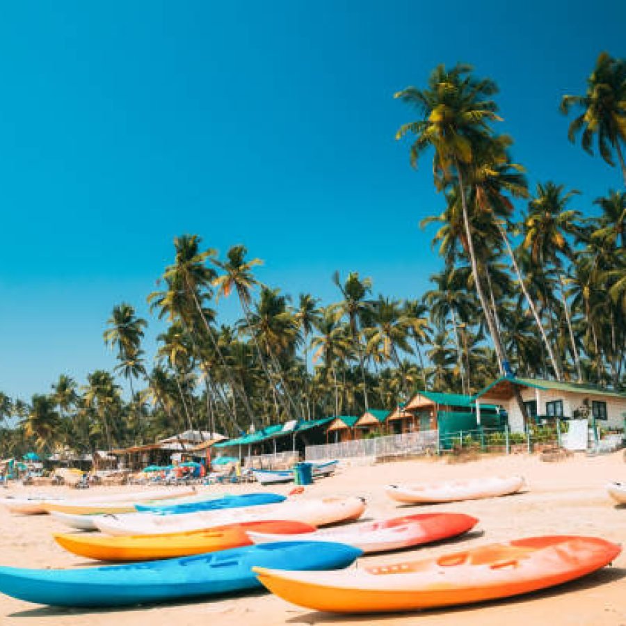Canacona, Goa, India. Canoe Kayak For Rent Parked On Famous Palolem Beach On Background Tall Palm Tree In Summer Sunny Day.
